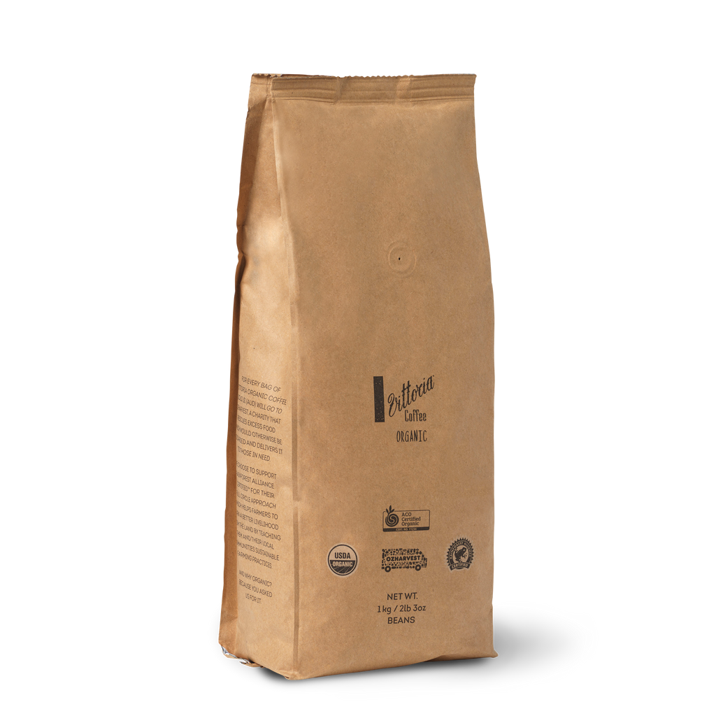 Side-on view of the 1kg Vittoria Coffee Special Bar Organic Beans pack